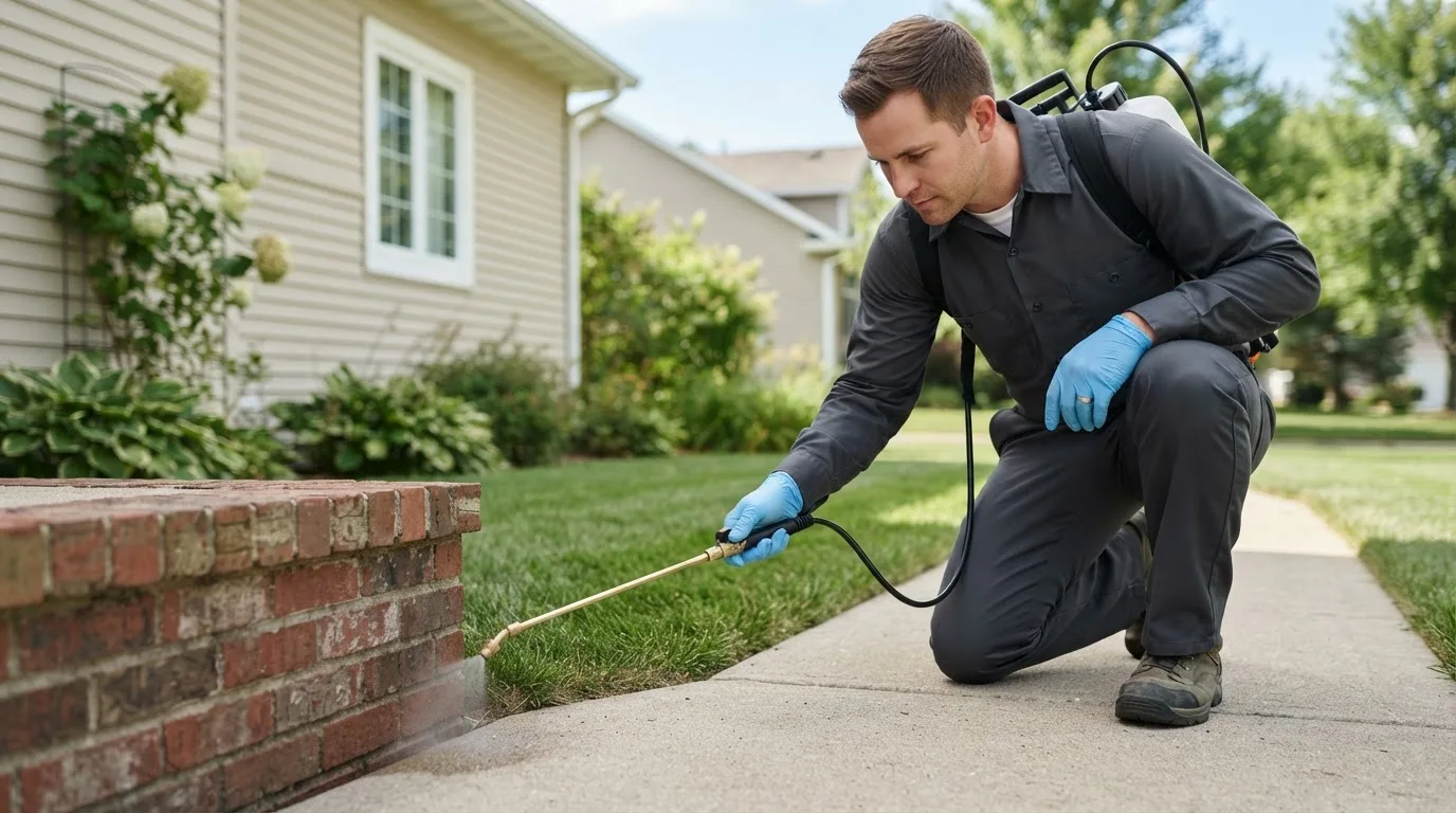 Pest control technician treating a home near Newhall, CA
